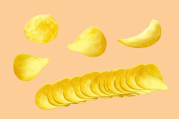 Patatas Fritas Frescas Algunas Seguidas Otras Colocadas Con Diferentes Ángulos — Archivo Imágenes Vectoriales