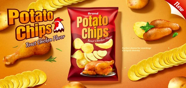 Roast Chicken Potato Chips Flat Lay Tasty Seasoned Chips Potatoes — Stock vektor