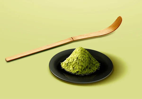 Illustration Matcha Powder Black Plate Tea Scoop Made Bamboo Isolated — Stock Vector