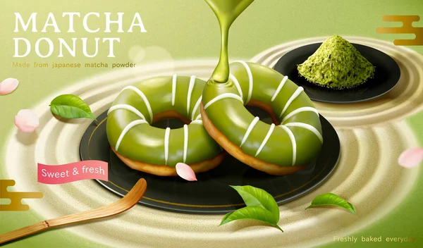 抹茶ドーナツ広告 日本の抹茶を入れた中央の皿の上に 緑茶の葉と抹茶の粉を入れたドーナツを置いて3Dイラストで表現 — ストックベクタ