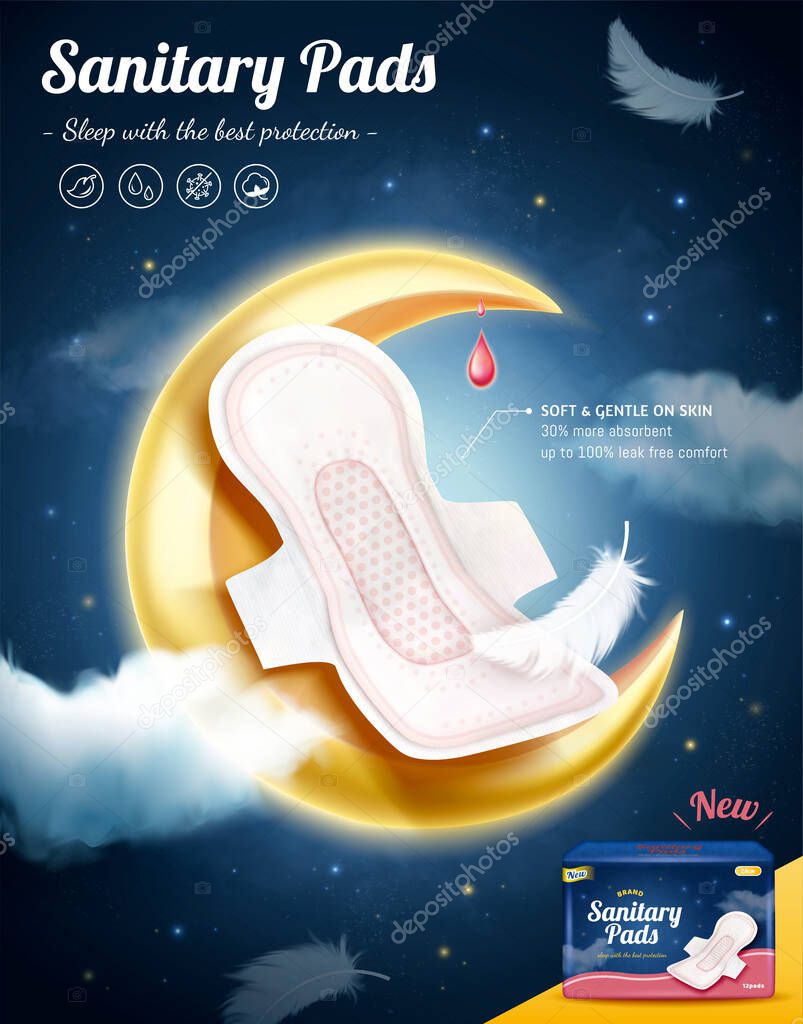 Night use sanitary pads poster ad. 3D Illustration of the sanitary pad over glossy crescent moon with feather and clouds in night sky. Concept of pads for night use with absorbent cotton for comfort