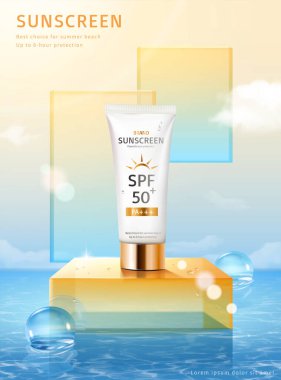 Yaz kozmetik ürünleri sergisi için 3D sürreal deniz suyu sahnesi. Güneş kremi maketi kristal küreler ve renkli cam tabakalarla süslenmiş cam sahnede duruyor..