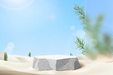 3d white desert scene design with product display podium. Sandstone stage stands on the sand with glass wall and ethereal tea tree leaves.