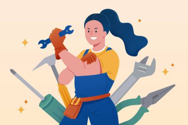 Flat illustration of a woman mechanic holding a spanner.  Female handyman with different tools in the back.