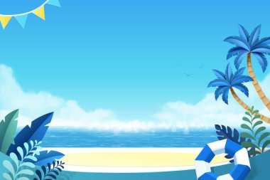 Kağıt kesikli güzel plaj sahnesi Tropikal ağaçlar ve çokgen tarzı şişirilebilir yüzme halkası