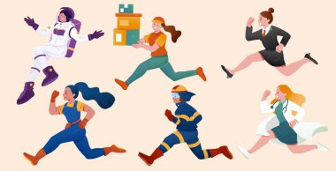 Character illustration of career women including astronaut, delivery woman, lawyer, technician, firefighter and doctor running forwards