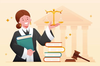 Kadın avukat, düz vektör çizimi. Kitapları ve adalet terazisi olan kadın yargıç, arka planda mahkeme binası..