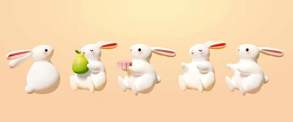Illustration Cute Rabbits Set Light Orange Background Rabbit Back View — стоковый вектор