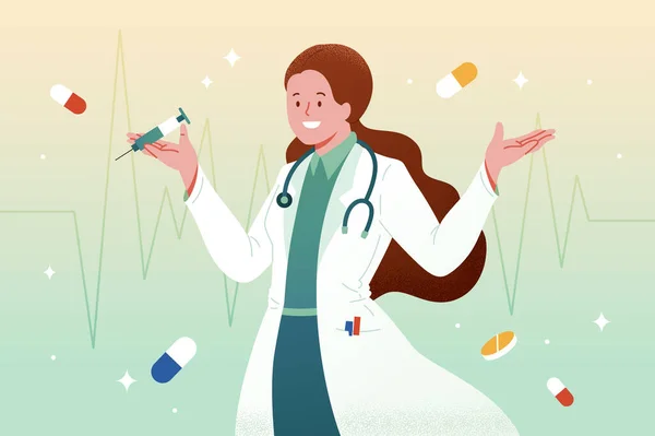 Flat Illustration Young Woman Doctor Lab Coat Holding Syringe Healthcare — стоковый вектор