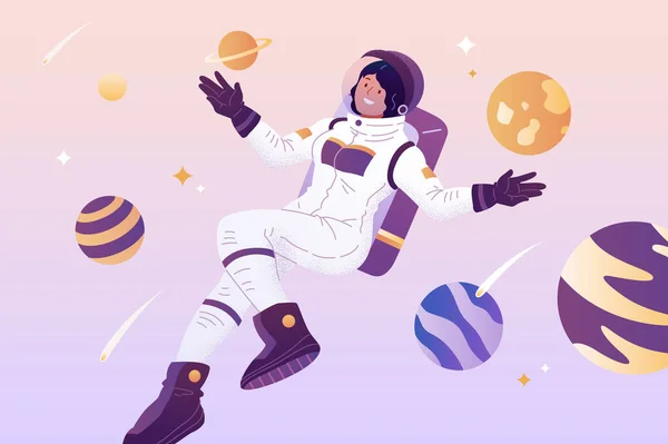 Flat Illustration Astronaut Woman White Spacesuit Uniform Planets — Stock Vector