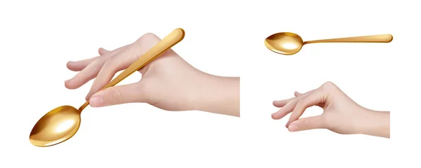Realistic Hand Holding Golden Spoon Picking Something Side View Isolated — Archivo Imágenes Vectoriales