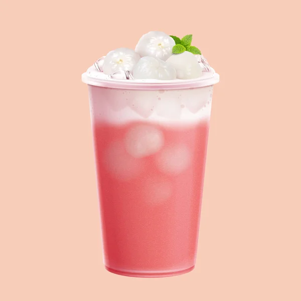 Realistic Foamy Lychee Drink Takeaway Cup Topped Pulp Mint Leaves — 스톡 벡터