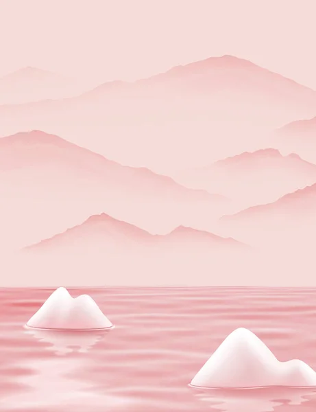Dreamy Landscape Painting Pink Colored River Mountain Stone Illustration — 图库矢量图片