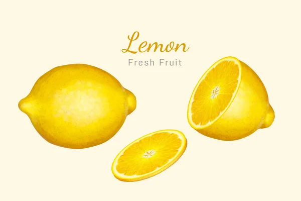 Illustration Realistic Yellow Lemons Whole Fruit Half Piece Thin Slice — Διανυσματικό Αρχείο