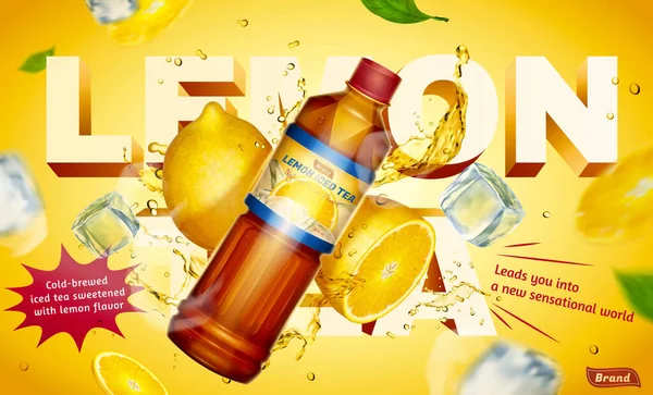 Lemon Iced Tea Banner Illustration Bottle Iced Tea Splashing Tea — Διανυσματικό Αρχείο