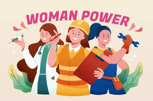 Плоска Ілюстрація Жінок Різних Професіях Стоять Під Жіночим Силовим Прапором — стоковий вектор