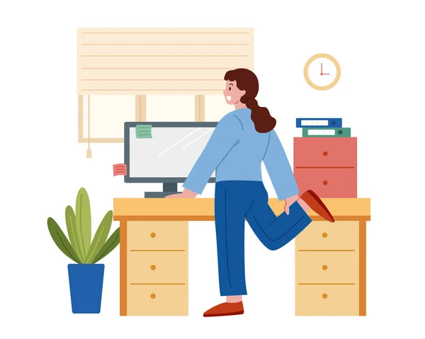 Stretching Workplace Flat Style Illustration Woman Having Short Break While — Stockvektor