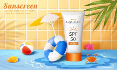 Sunscreen ad banner. 3D realistic sunblock tube in tiled swimming pool scene on papercut water puddle, with summer items on blue floor, including swim ring, ball, parasol, seashell, crab, and starfish