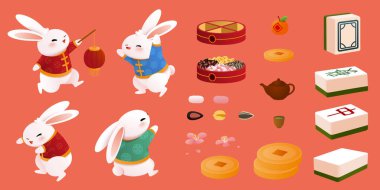 2023 CNY elements. Rabbits in traditional clothing in poses, one playing with lantern, traditional treats, snack box, tea pot, cup, coins, tangerine, and mahjong tiles isolated on orange background