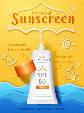 Sunscreen ad template. 3D Illustration of sunblock tube squeezed out outlines of parasol on beach in top view with papercut sea waves at the bottom