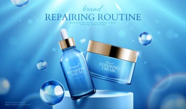 Facial skin repairing products ad in 3d. Glass jar and dropper bottle floating on podium in water with sunshine.