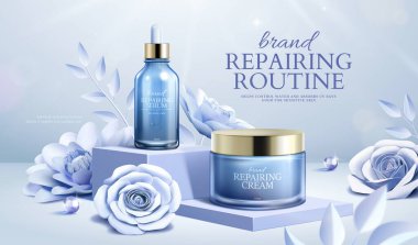 Facial skin repairing cream and lotion ad in 3d. Dropper bottle and glass jar on square stages with paper cut flowers on lavender background.