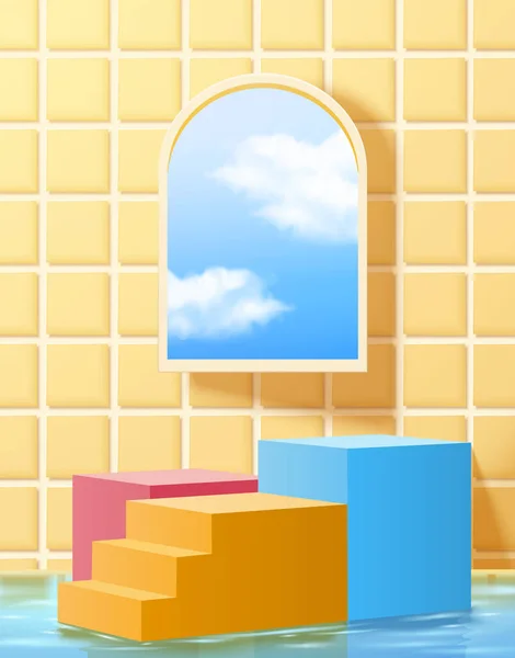 Illustrated Scene Design Product Display Colorful Stairs Blocks Water Presentation — ストックベクタ