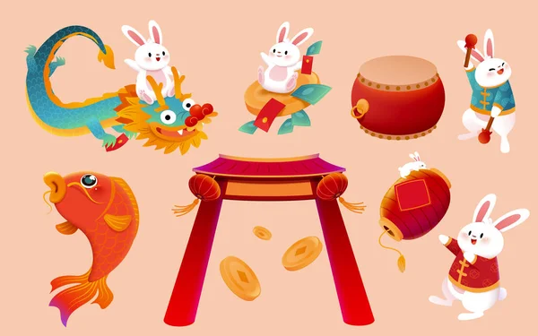 2023 Cny Element Set Including Festive Rabbits Riding Dragon Drumming — Image vectorielle