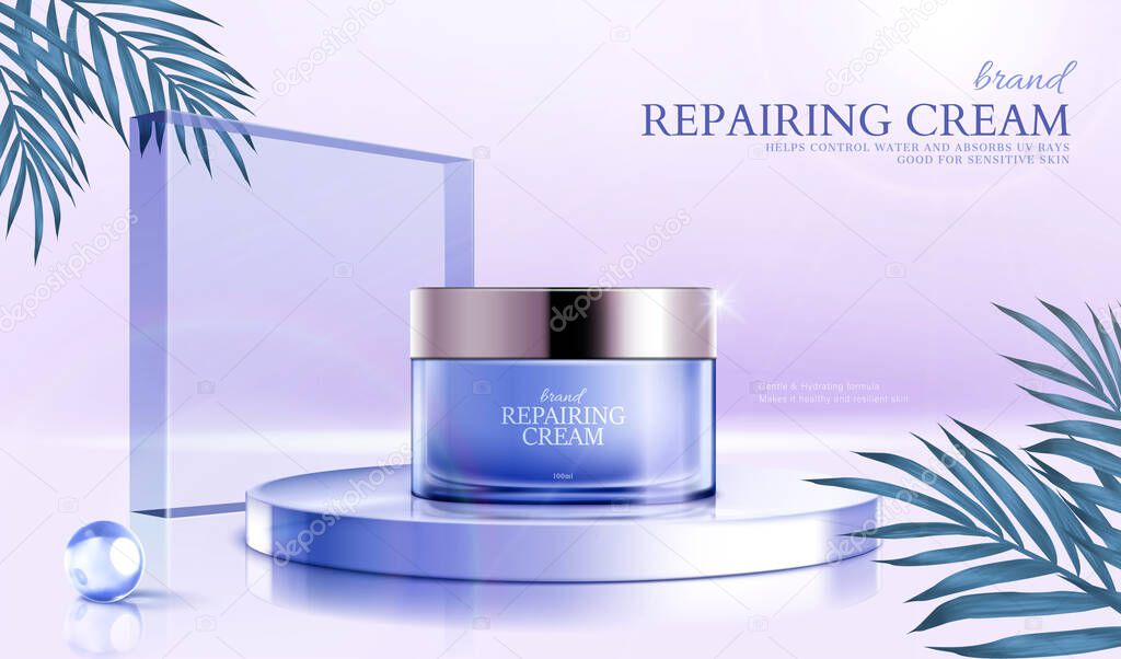 Skin repairing cream ad in 3d. Glass jar on round stage with glass square and plant leaves over bright and shiny lavender purple background.