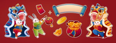 Cute cartoon CNY element set, including rabbits, sycee, scroll, fortune bag and lion dance performance. Isolated on red background.