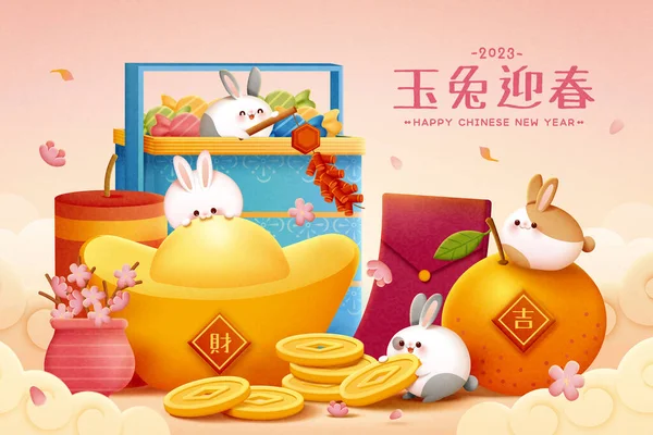 Cute CNY illustration with fluffy bunnies playing around holiday food and objects. Text: Welcome the new year with jade rabbits.