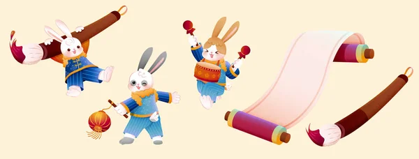 Милые Лунные Новогодние Элементы Включая Кроликов Китайских Костюмах Кисть Чистый — стоковый вектор