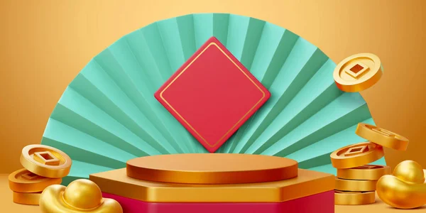 Illustrated Golden Red Hexagon Product Display Podium Bronze Background Teal — Vector de stock