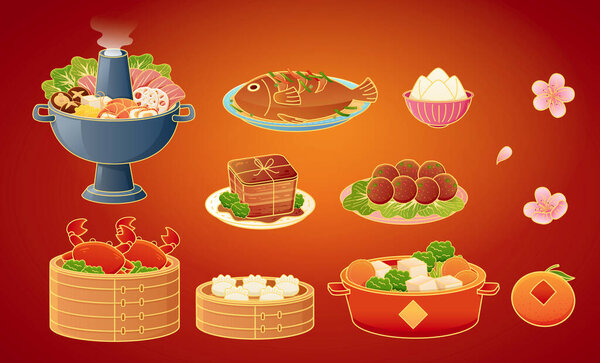 Illustrated traditional CNY reunion dinner dishes isolated on red gradient background. Including hotpot, steamed crab, fish, dongpo pork, dumplings, rice cake, meatballs, flowers, and tangerine.