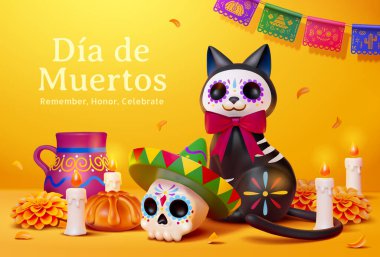 Ölü posterinin olduğu gün. Sombrero şapkalı üç boyutlu şeker kafatası ve sarı arka planda Dia de los muertos element dekorasyonlu siyah bir kedi..