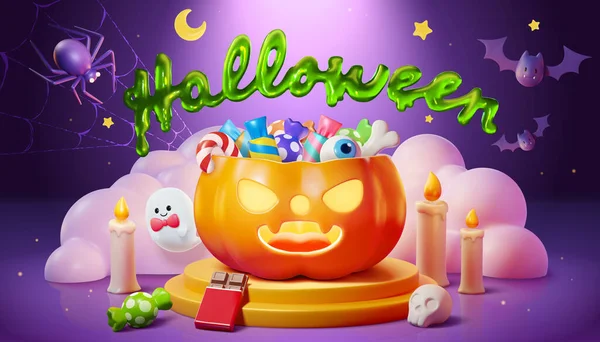 Cartel Halloween Ilustrado Jack Linterna Calabaza Llena Caramelos Podio Spooky — Vector de stock