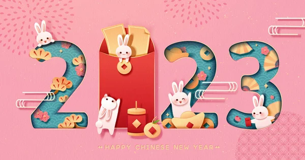 2023 Chinesisches Neujahrsbanner Mit Niedlichen Hasen Papierschnitt Entwarf 2023 Typografie — Stockvektor