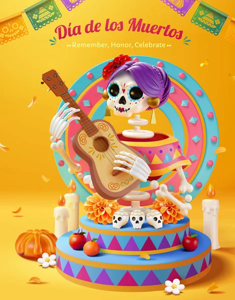 Ilustrado Hermoso Esqueleto Tocando Guitarra Escenario Con Decoración Festiva Pétalos — Vector de stock