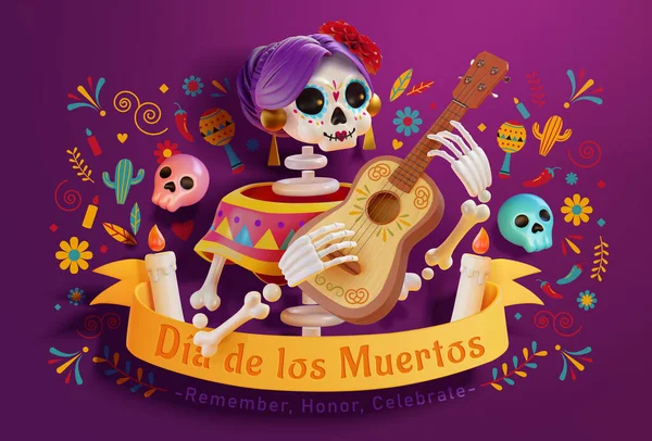 Dia Ilustração Morta Belo Esqueleto Tocando Guitarra Fundo Roxo Com —  Vetores de Stock