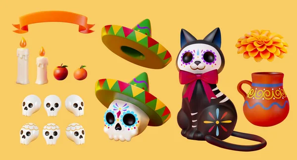 Día Los Muertos Conjunto Aislado Sobre Fondo Amarillo Banner Ilustrado — Vector de stock