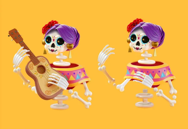 Ilustrado Día Muerte Hermoso Esqueleto Conjunto Aislado Sobre Fondo Amarillo — Vector de stock