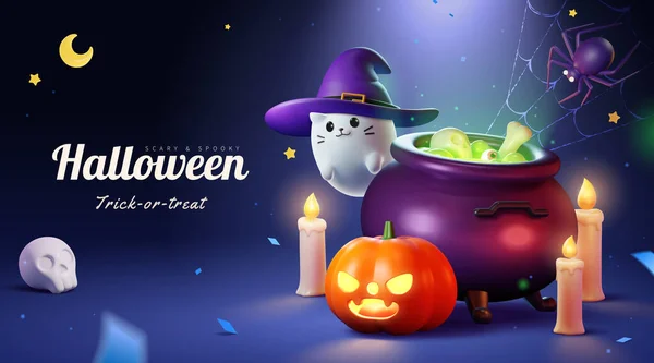 Cartel Halloween Ilustrado Lindo Gato Fantasma Sombrero Bruja Volando Alrededor — Vector de stock