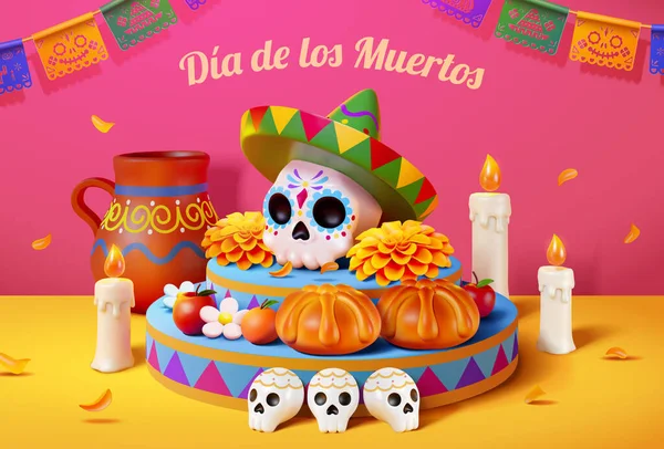 Día Muerte Poster Cráneo Azúcar Ilustrado Caléndula Pan Decoraciones Pedestal — Vector de stock