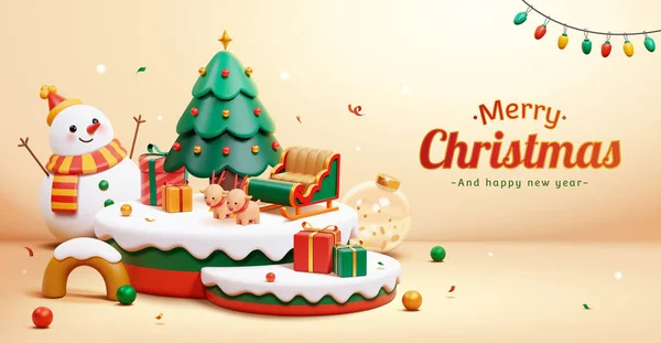Üç boyutlu Noel ve yeni yıl afişi. Kar, rengeyiği kızağı, Noel ağacı ve hediyelerle süslenmiş podyum kaplıydı. Bej arka planda kardan adam ve şeffaf mücevher..