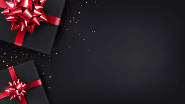 深色背景 礼物用黑色纸包着 用红色闪光的缎带系在蝴蝶结上 亮晶晶的盒子放在桌子或其他表面上 情人节或其他扁平化假日的矢量写真图解 免版税图库矢量图片
