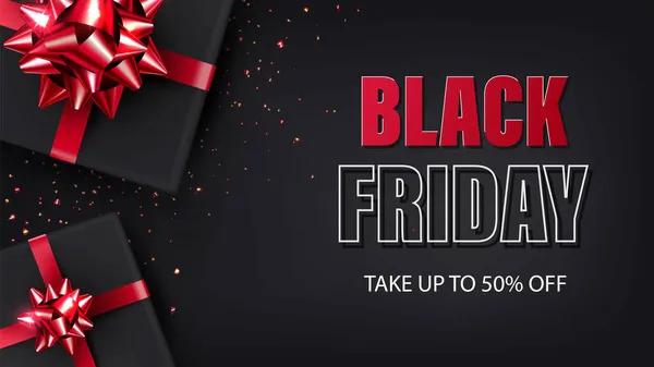 黑色星期五销售的横幅 黑色背景 礼物包在黑色的纸和红色闪亮的弓 矢量图解 传单或优惠券概念 图库矢量图片