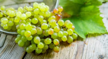 Eski ahşap masada taze toplanmış bir demet olgun yeşil üzüm. Sonbahar hasadı. Seçici odaklanma. Sığ alan derinliği.