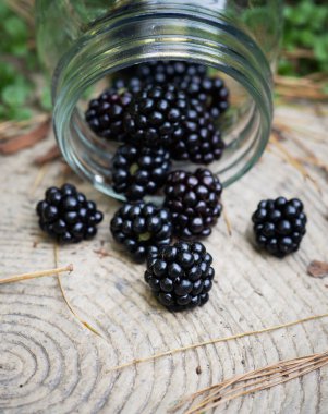 Bahçedeki bir kavanozdan taze böğürtlen dökülüyor. Seçici odaklanma. Küçük alan derinliği.