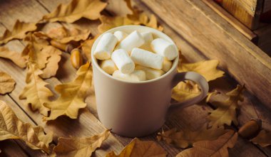 Şekerleme ve kuru meşe yapraklı bir fincan sıcak çikolata. Seçici odaklanma. Sonbahar havası.