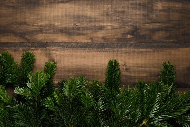 Yılbaşı süsü olarak yeşil çam dalları. Geçmişi ve dokusu. Yukarıdan ateş edildi.